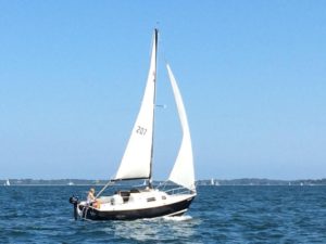 Sailing our Seafarer 22 sailboat in Fisher's Island Sound.